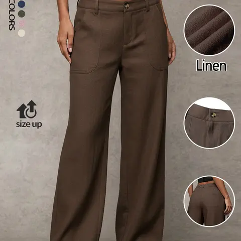 Women's Classical Linen Palazzo Pants Summer Flowy Wide Straight Leg Beach Trousers With Pocket High Rise Casual Solid Color Soft Elastic High Waist Lounge Pants Travel Vacation Bottoms Date Brunch Home Work Streetwear Outfit
