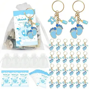Blue Baby Footprint Keychain Baby Shower Favor Kit, Boy Gender Reveal Guest Souvenir Gifts with Organza Bags & Thank You Cards