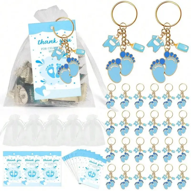 Blue Baby Footprint Keychain Baby Shower Favor Kit, Boy Gender Reveal Guest Souvenir Gifts with Organza Bags & Thank You Cards