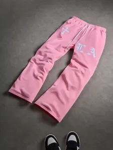 Men's Casual Long Pants, Gothic Letter La Embroidery, Cross Star Accent, Knit Fabric, Wide Leg Straight Fit, Trendy Fashion