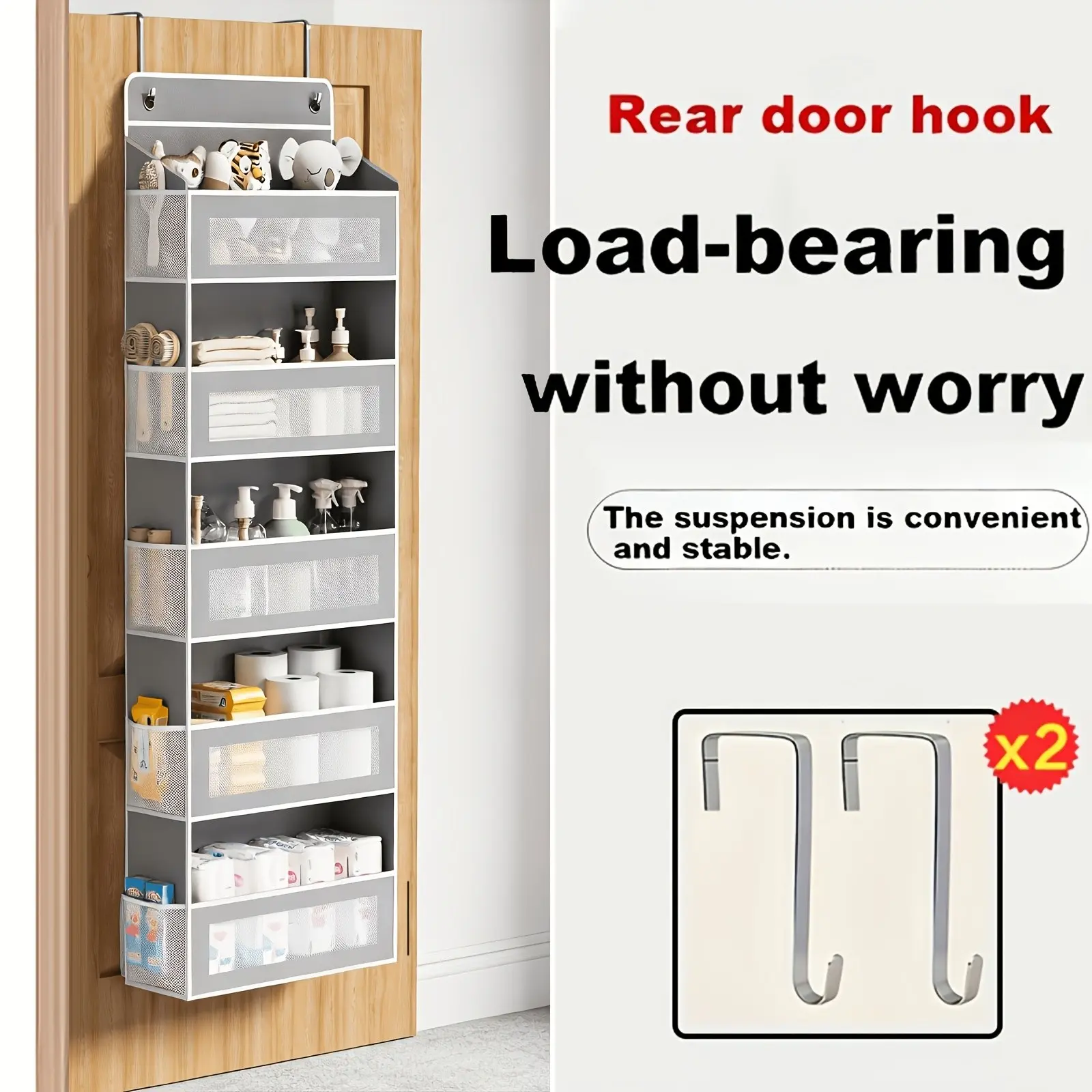 Multifunctional Door Back Floating Storage Box, 5-Tier Hanging Door Organizer, 5 Large Pockets, 44 Lbs Load Capacity, Bedroom, Bathroom, Kitchen