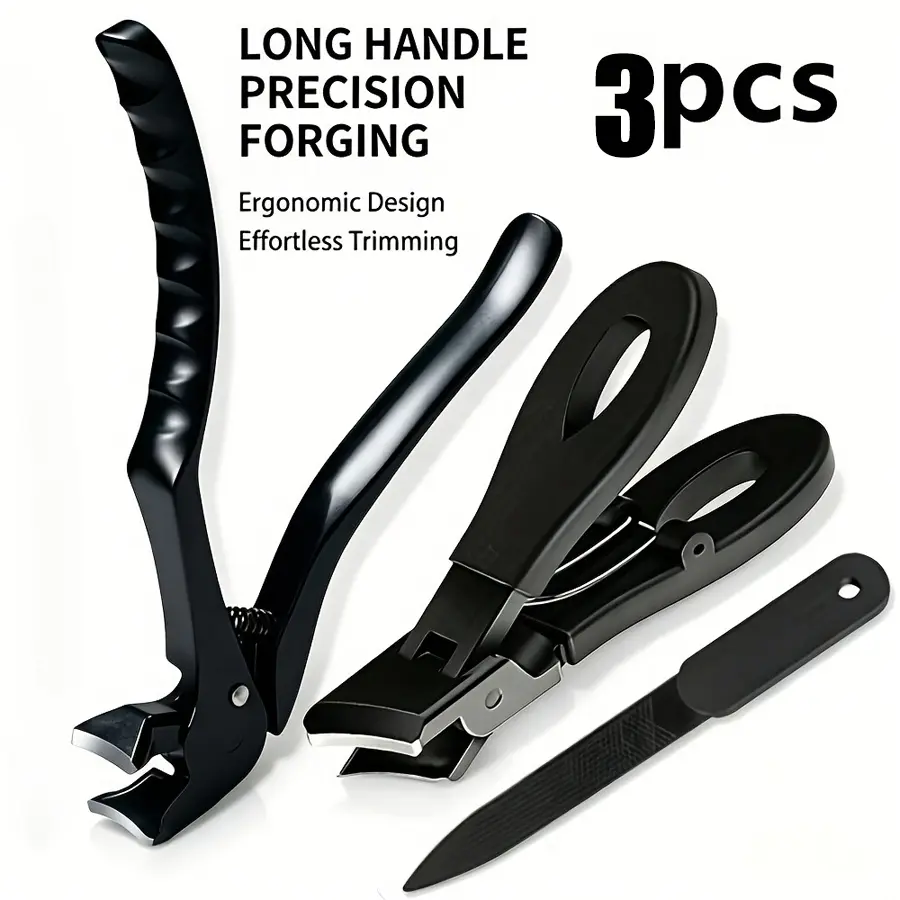 3pcs Set - Ergonomic Durable Long-Handle Senior Nail Clippers, Suitable for Thick Hard Nails - Wide Mouth Design, Senior Nail Clippers, Heavy-Duty Structure with Nail File, Safe And Precise Trimming - Foot And Hand Nail Care, Nail Clippers For Seniors