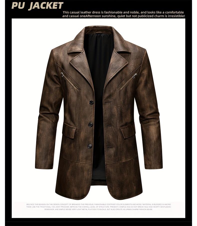 Autumn and winter men's overcoats, British industrial style PU long-neck suit jackets, retro motorcycle jackets, mid-length classic business casual gentleman's formal wear, riding style windproof jackets, designer's new high-end aged fabric, trendy b