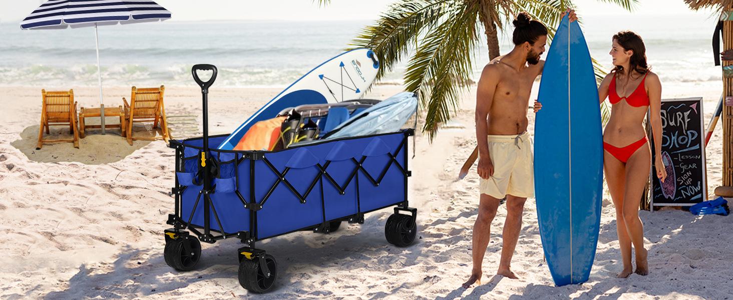 Extended Collapsible Foldable Wagon with 660lbs Weight Capacity, Heavy Duty Folding Utility Garden Cart with Big All-Terrain Beach Wheels & Drink Holders. Royal Blue