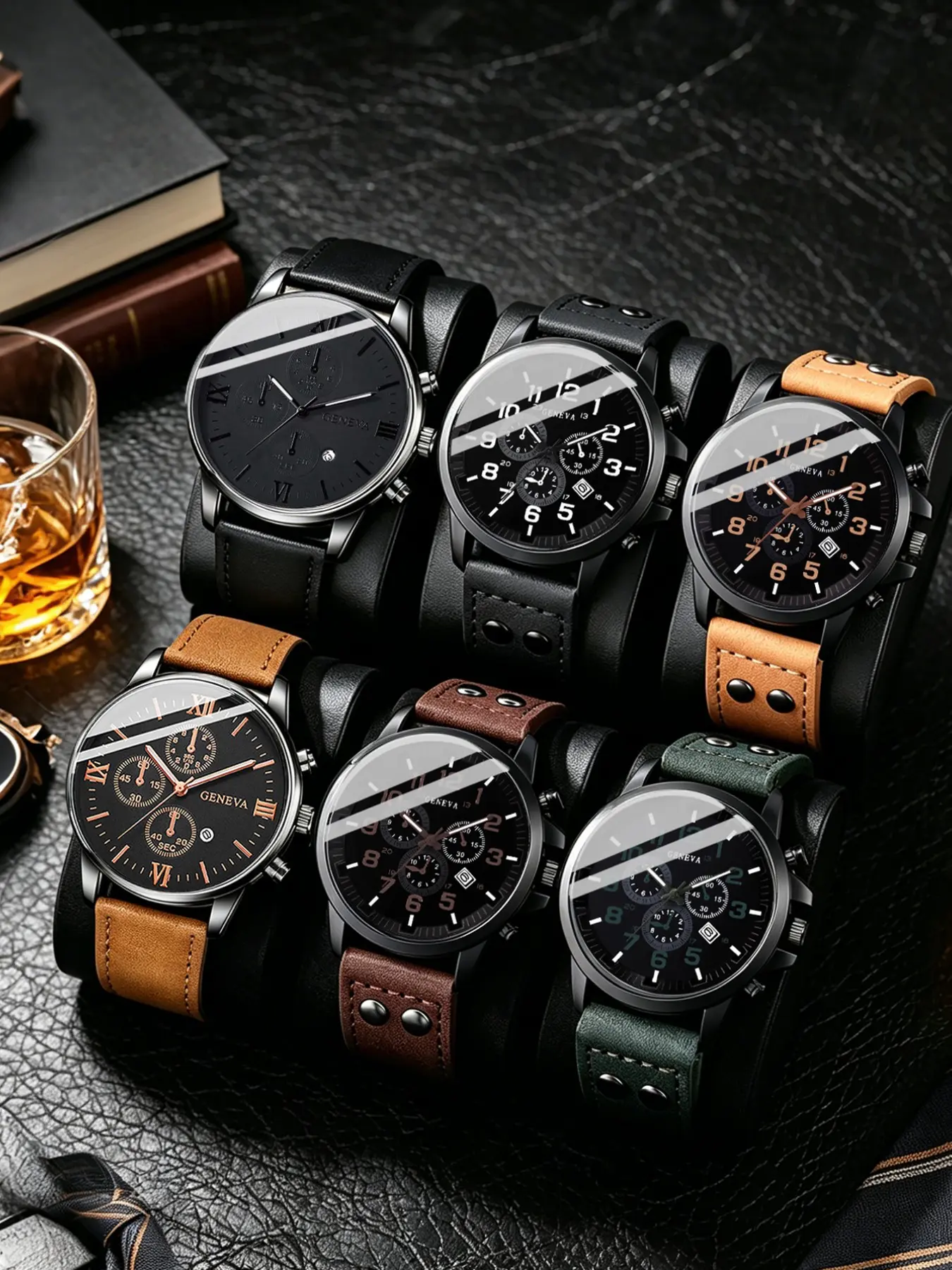 6-Piece Set, Large Dial Hip-Hop Men's Leather Quartz Watch Band with Calendar, Business Fashion Gift, Ideal Present for Him