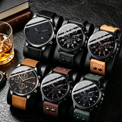 6-Piece Set, Large Dial Fashionable Stylish Watch Hip-Hop Men's Leather Band with Calendar, Business Fashion Gift, Ideal Present for Him