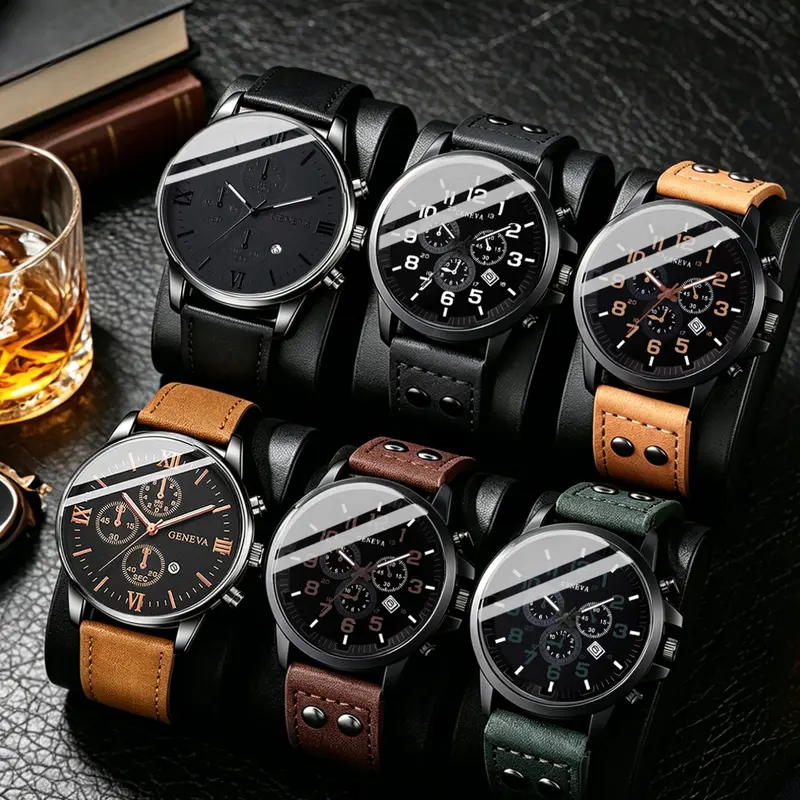 6-Piece Set, Large Dial Fashionable Stylish Watch Hip-Hop Men's Leather Band with Calendar, Business Fashion Gift, Ideal Present for Him