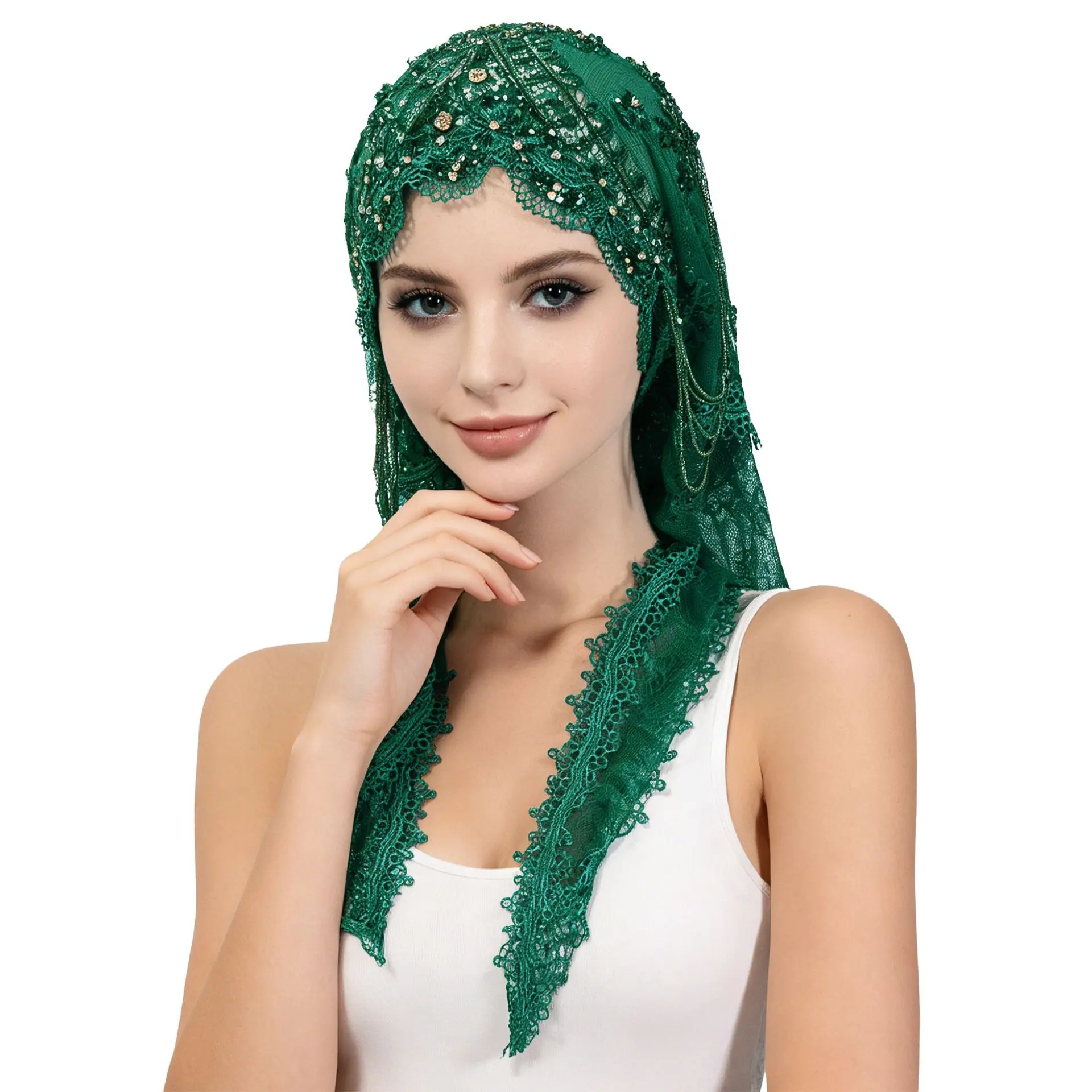 Emerald Lace Rhinestone Draped Turban Headwrap - Breathable, Non-Slip, Full Coverage Scalloped Edge Scarf Cap for Party Wear, Elegant Modest Sports Head Accessory