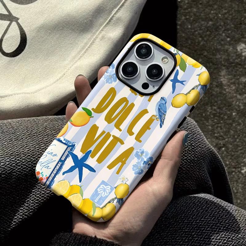 Lemon Bluebird, blue striped pattern 2-in-1 protective case - durable, double-layer design, drop-proof, suitable for iPhone 17, 16, 15, 14, 13, 12, 11, 8, 7, X, XS, XR, Plus, Air, Pro, Max, Mini, SE2, SE3, a perfect New Year's gift for friends, family, an