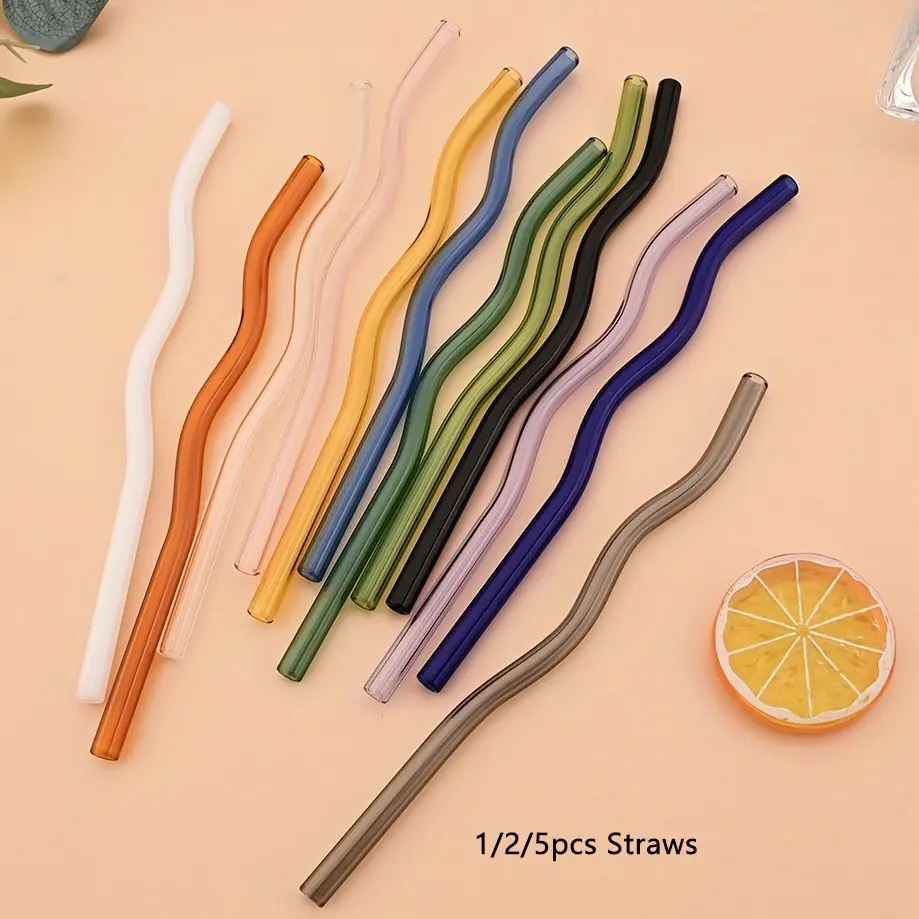 1/2/5Pcs Wavy Glass Straws with 1 Cleaning Brush, Reusable Colorful Glass Straws, Dishwasher Compatible, Drinking Straws for Smoothies, Tea, Coffee, Lemonades, Kitchen Utensils & Holiday Gifts, 20cm/7.8 Inch