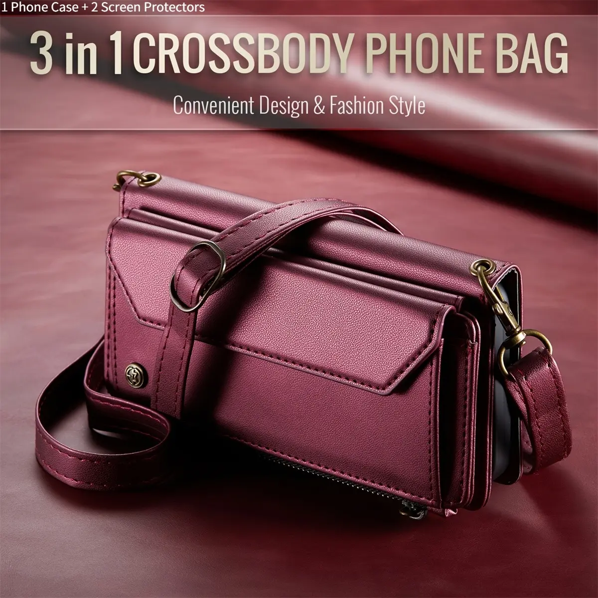 3PCS [1 Phone Case with 2X Clear Screen Protectors] Crossbody suitable for iPhone 17/ 17 Air/ 16e/ 16/ 15/ 14/ 13/ 12/ 11 Pro Max Case Wallet RFID Blocking with 7-Card Holder Zipper Bills, Soft Magnetic Flip Wristlet Shoulder Strap Wallet Case