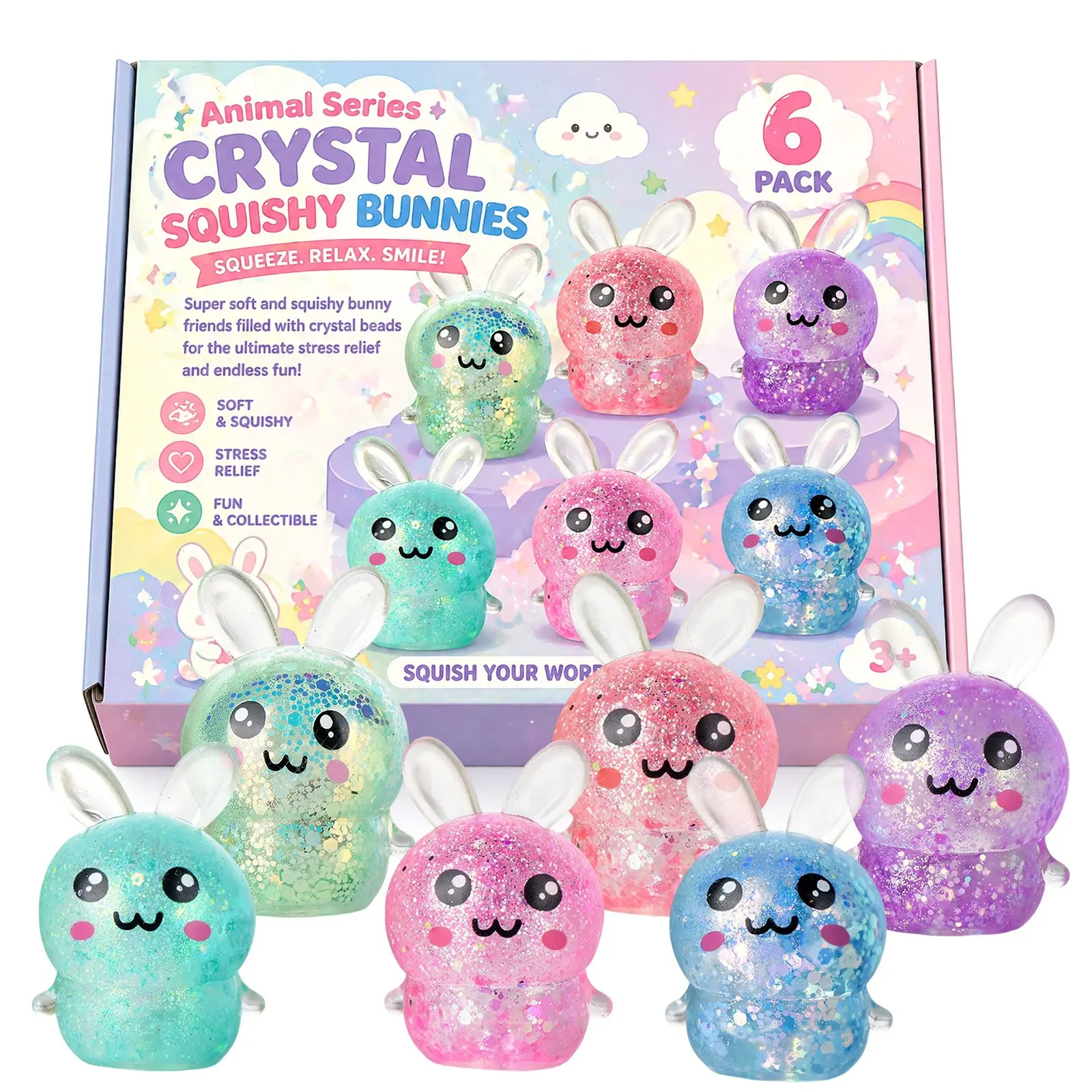 Jellyfish Rabbit Ice Cream Mallow Squishy Set, Sensory Combination, Adult Stress Relief, 6-Piece Kit, Relaxing Fun Toy, Kawaii Squishies