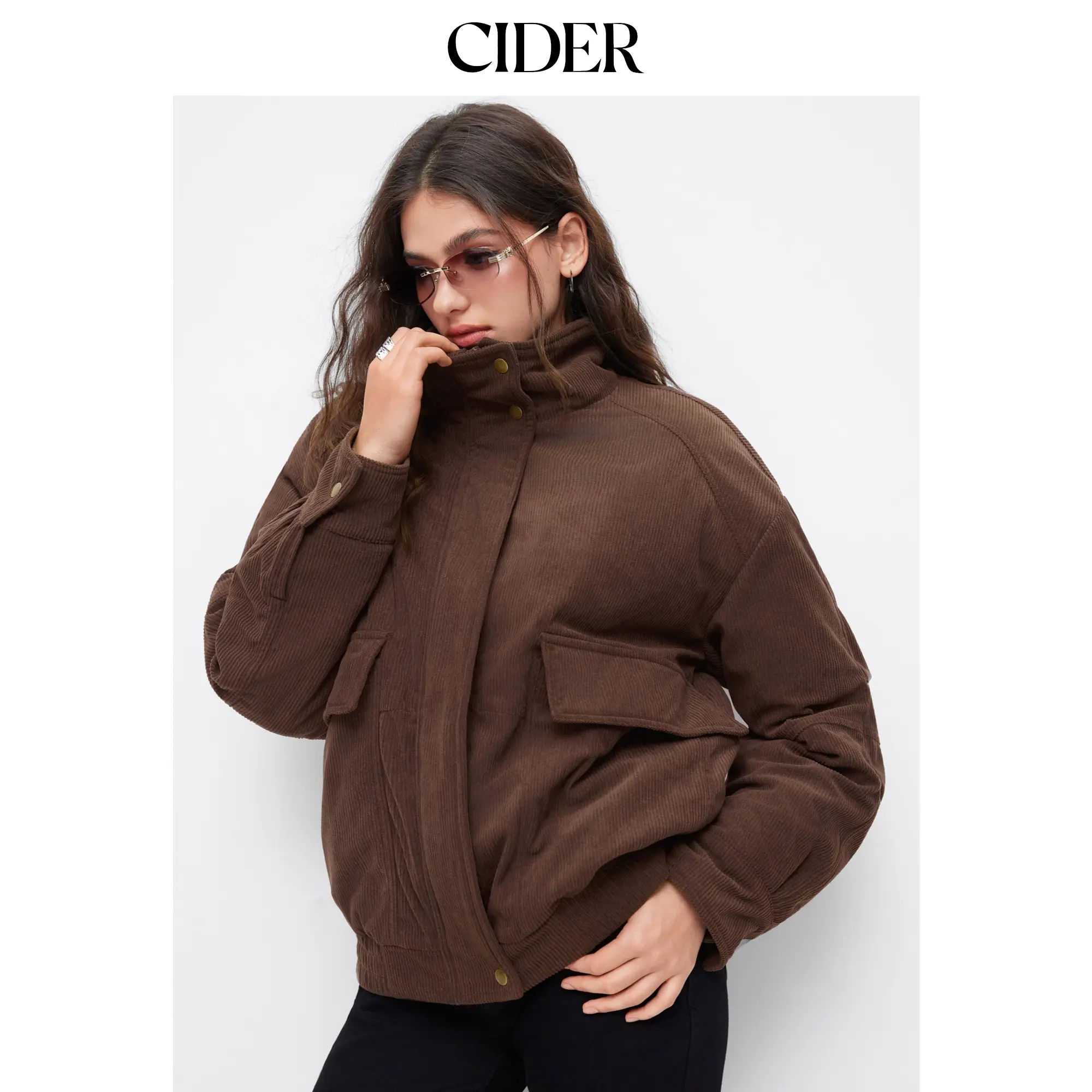 Cider Corduroy Funnel Neck Zip Through Oversized Puffer