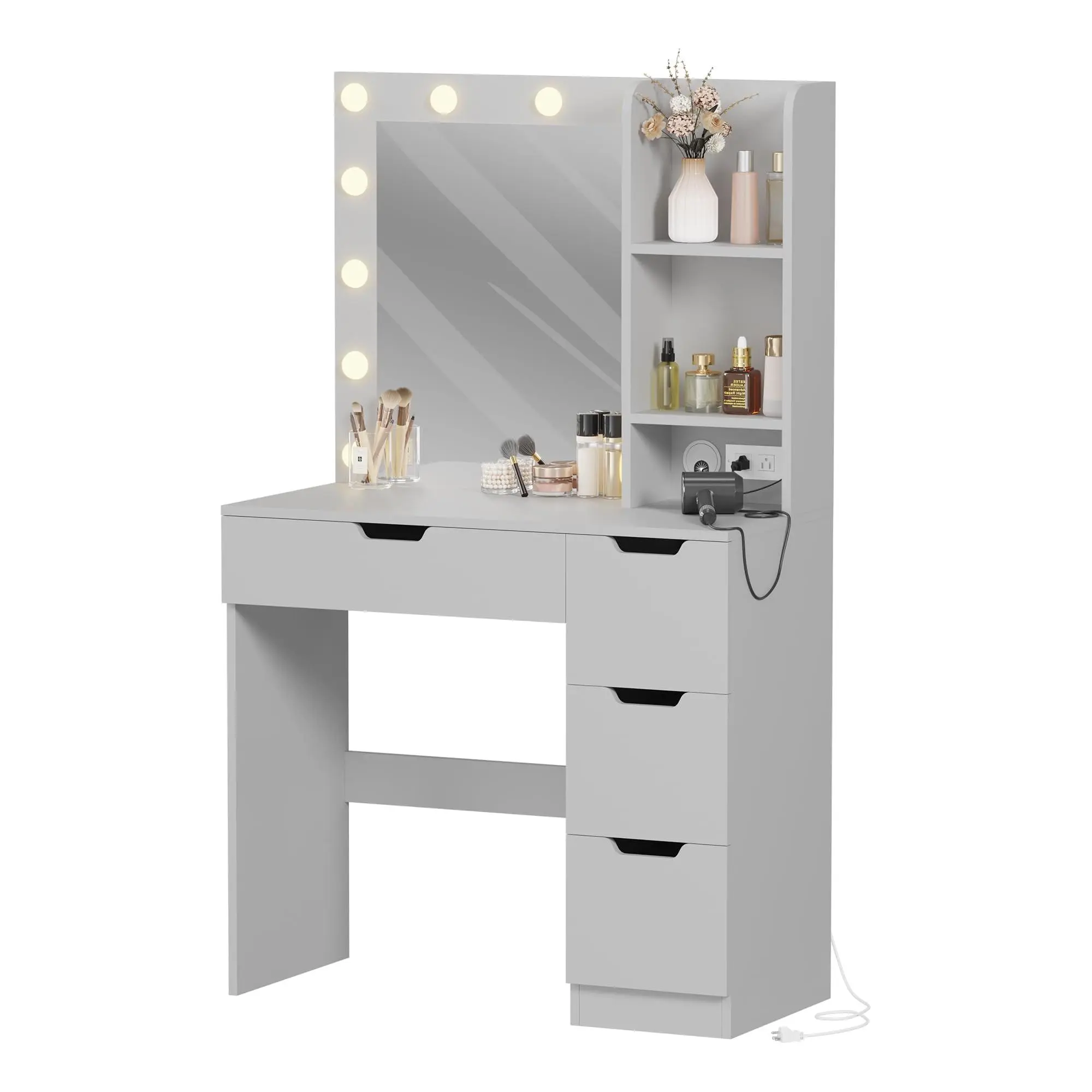 Grey Makeup Vanity Desk with Sturdy Base - 4 Drawers, 3-Color Dimmable LED Mirror, 2 AC Outlets, 2 USB Ports, Storage Shelves for Bedroom/Bathroom