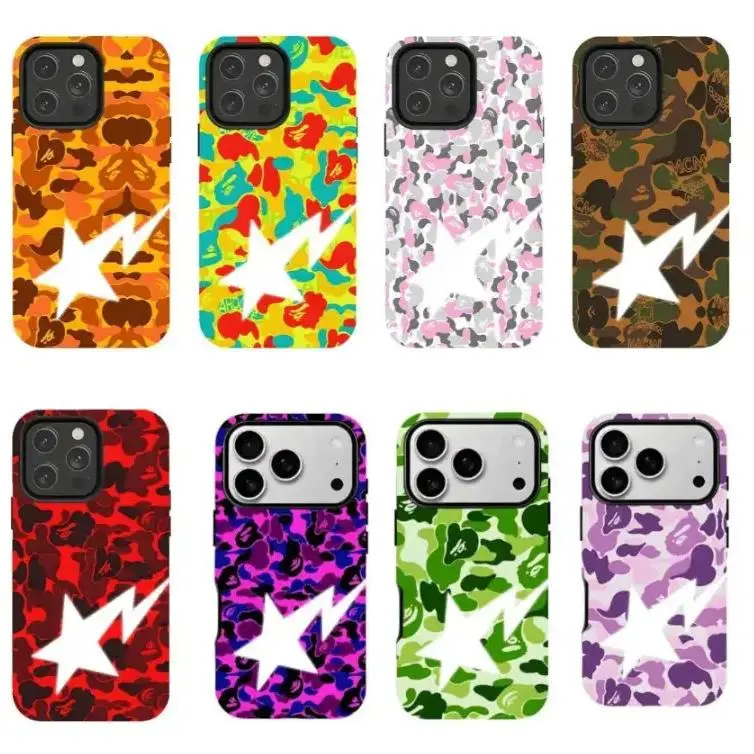 BAPE Full-Color Camouflage "Lightning Star" phone Cases For iPhone 12,13,14,15,16,17 Promax Pro Plus,It's a great gift for a good friend,gift for him for her Best Gift