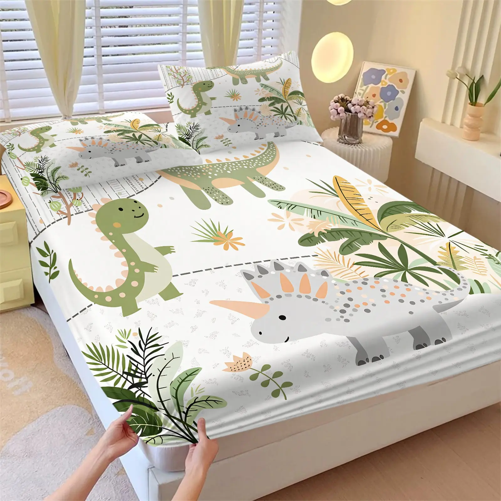 Cute Cartoon Jungle Dinosaur Fitted Sheet Set, 1 Fitted Sheet + 2 Pillowcases - 3 Piece, Soft Microfiber Deep Pocket Design, Kids Jungle Bedroom Decoration, Gift for Dinosaur Loving Toddlers & Children, Bed Sets Supplies Bedding Sheet Bedsheets