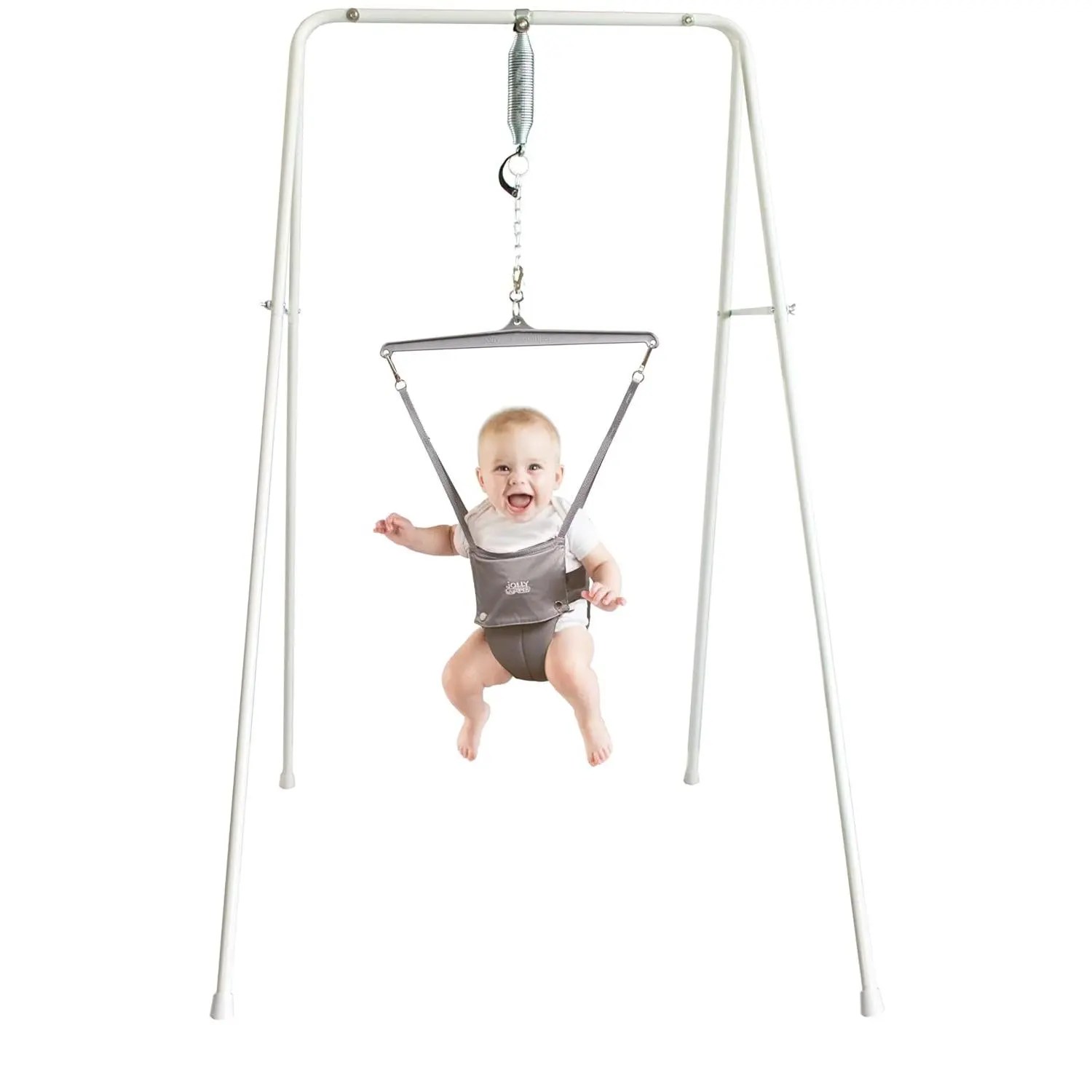 (Grey) with Stand - Original Baby Jumper, Indoor and Outdoor Exercise Saddle Seat, Adjustable Height,  Infants up to 28lbs