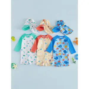 3Pcs Toddler Boy Swimsuit Set Long Sleeve Crew Neck Marine Animal Print Tops Swim Trunks and Hat Rash Guard Bathing Suit