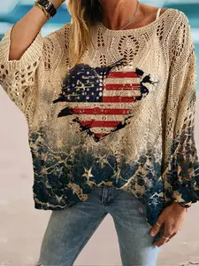 Women's Independence Day Spring Summer Crew Neck Diamond Hollow-out Batwing Sleeve Top, Heart Print Chic Stylish & Unique, Casual Elegant, Versatile for Vacation & Commute