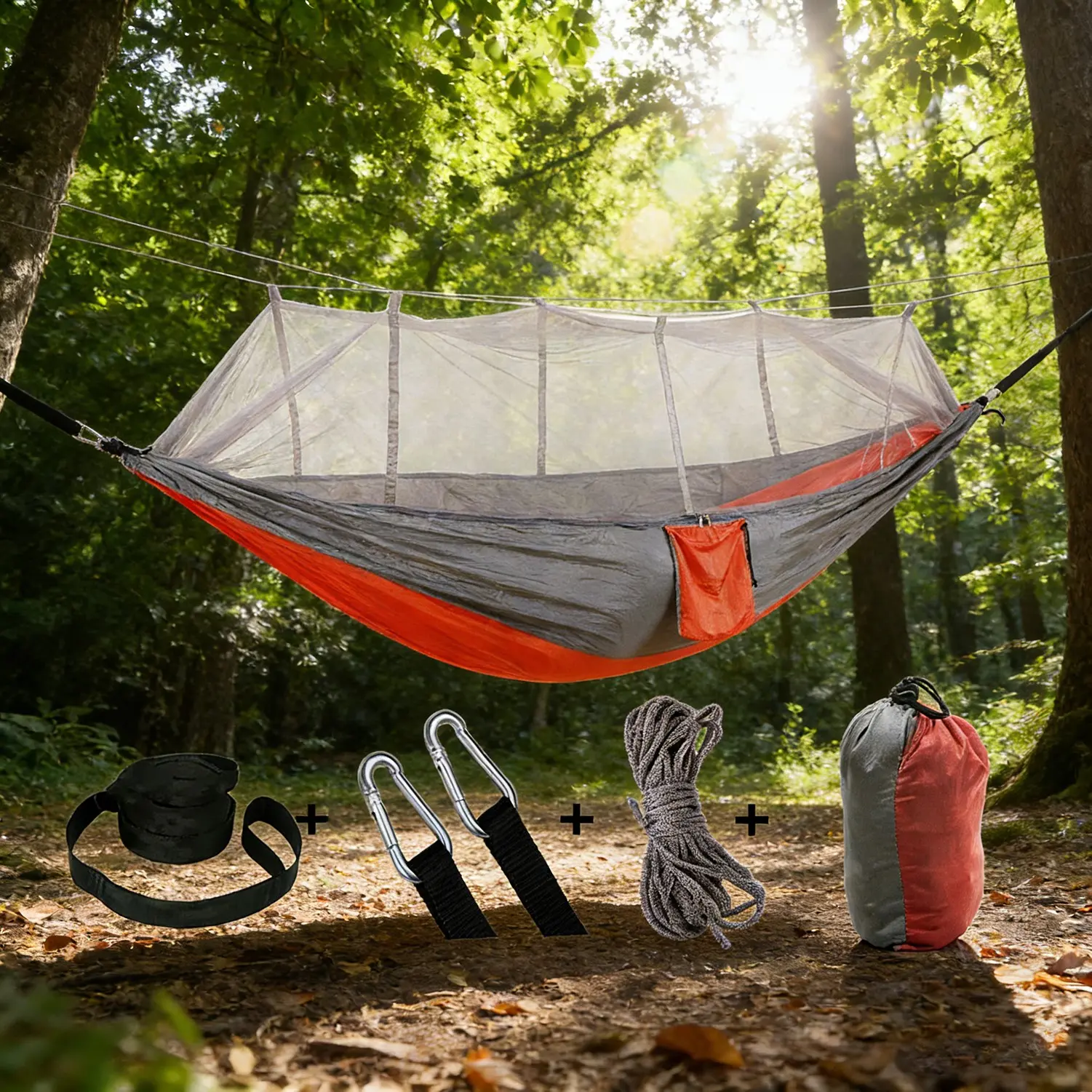 Outdoor Hammock with Mosquito Net, 200kg Capacity, Nylon Material, Ideal for Park Beach Forest Camping, Family Picnic Enthusiasts