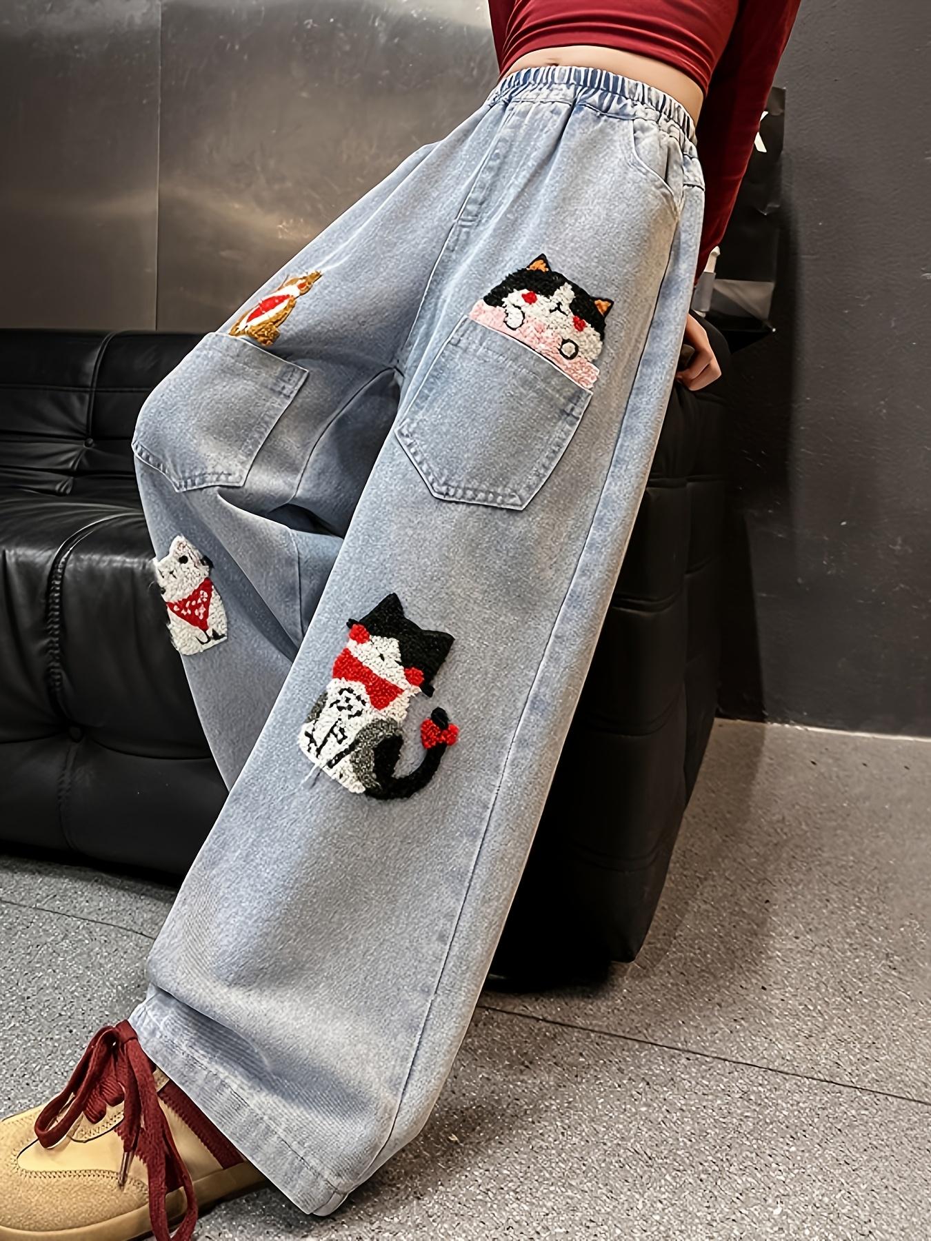 (New)Elastic Waist Straight-Leg Loose Fit - Girls' Cartoon Animal Embroidered Jeans - Casual Pants with Cute Cat & Dog Designs - Light Blue Denim for Spring Summer Fall - Outdoor Play, Dance, and School - Cute Jeans - Playful Design - Comfortable Fit