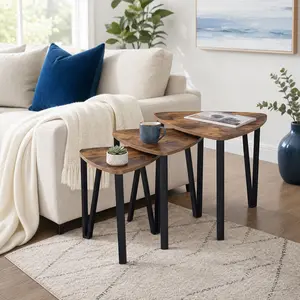 3-Piece Triangular Nesting Side Tables Set, Vintage Stacking Coffee Table Set of 3, Space-Saving End Table with Metal Frame for Small Spaces, Living Room, Bedroom