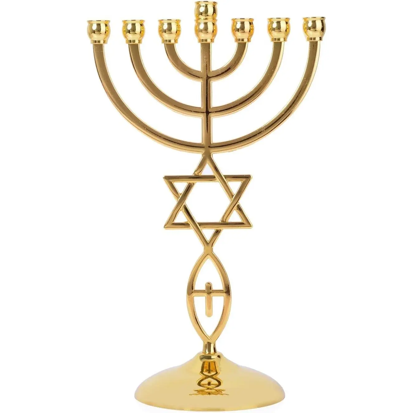 Candle Holders Menorah with 7 Branches, 8.3" Height, Star of David Design - Gold Plated Jewish Home Décor (Model 3829)
