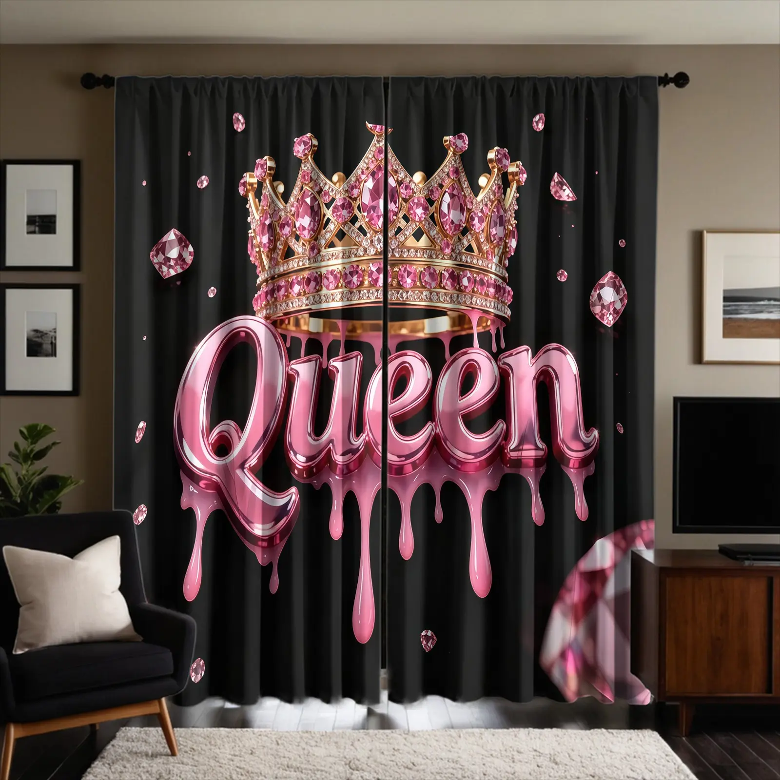 Glitter Pink Queen's Crown Pattern Brushed Fabric Curtains, Window Curtain Panels, 2-Pack, For Bedroom And Living Room, Seasonal Decorative Semi-Blackout Curtains, Available In Various Sizes