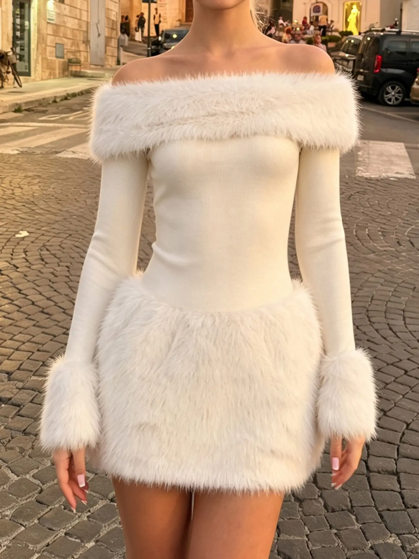 Women's Chic Party Style Off-Shoulder Long Sleeve Dress, Slim-Fitting Zipper Design, Fall & Winter Short Dress, Faux Artificial Fur Patchwork