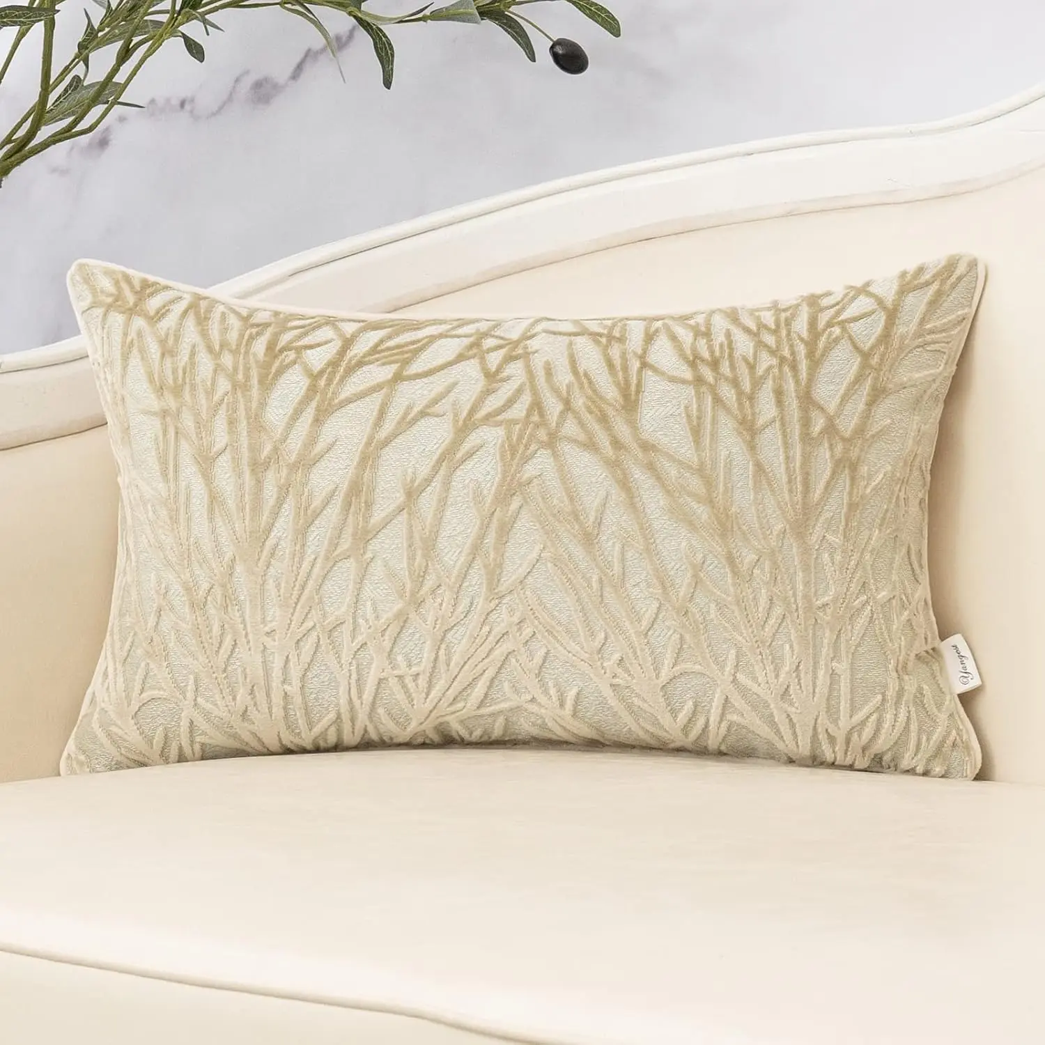 12x20 Inch Beige Velvet Throw Pillow Cover - Branches Pattern Rectangular Neutral Cushion Cover, Modern Fading Resistant for Sofa, Bedroom, Living Room