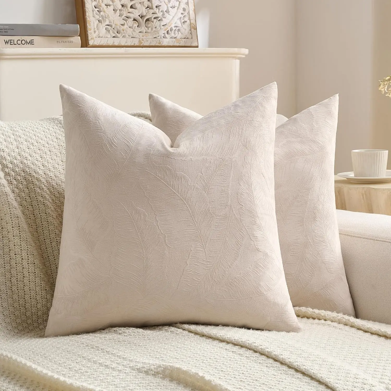 Pack of 2 Velvet Throw Pillow Covers 26x26 Inch Soft Embossed Leaf-Relief Textured Decorative Euro Pillow Shams Natural Farmhouse for Couch Bed Living Room, Beige