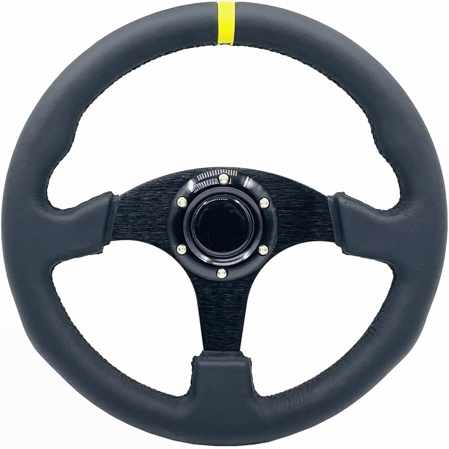 13"/330mm Universal Racing Steering Wheel Yellow Stripe with Genuine Leather and Aluminum Frame for Racing/Car Sim Driving/JDM Sports Gaming Sim Rig