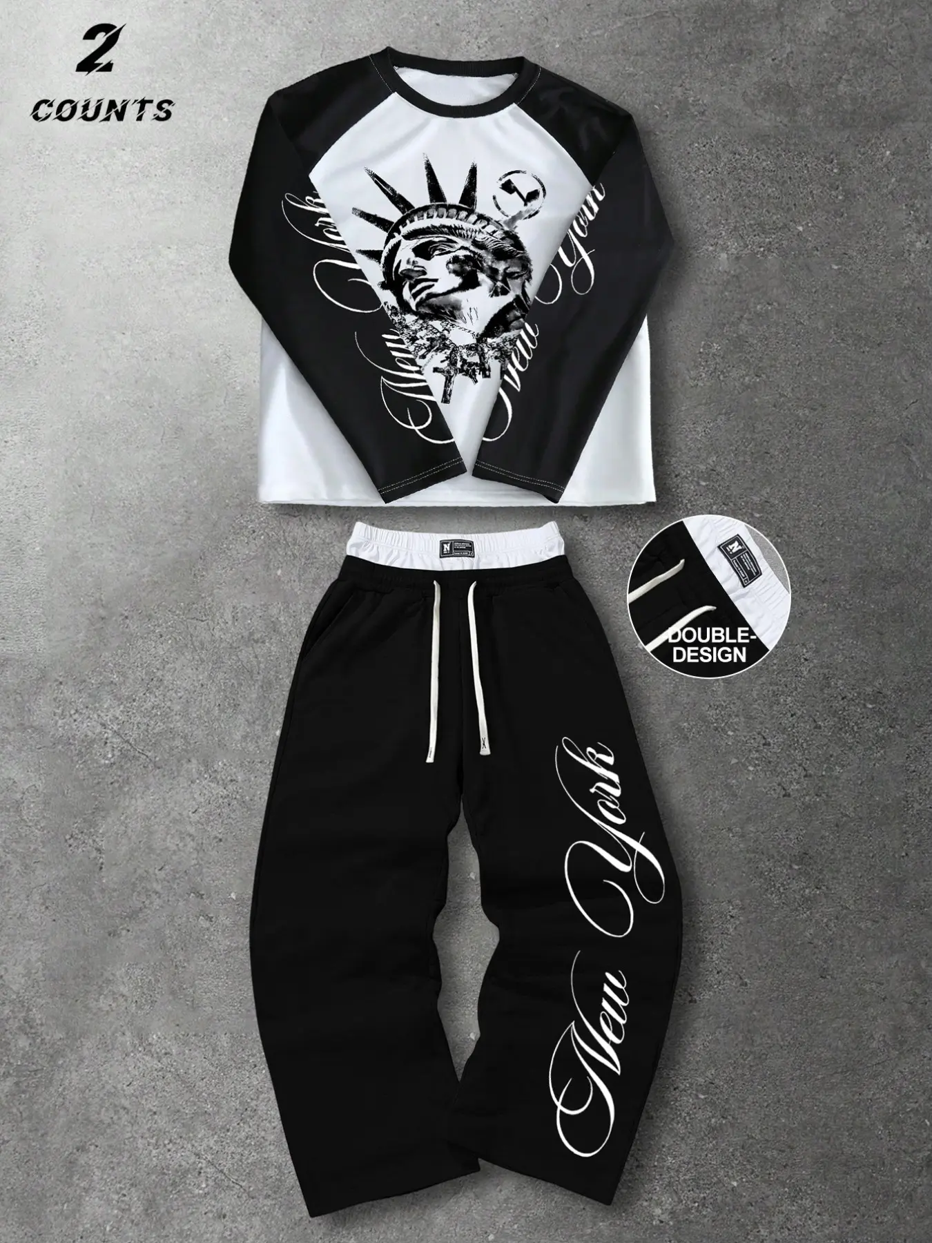 Y2K Streetwear Statue of Liberty Graphic Long Sleeve T-Shirt and Sweatpants Set Unisex Oversized Double Waistband Tracksuit for Daily Casual & Dance Wear