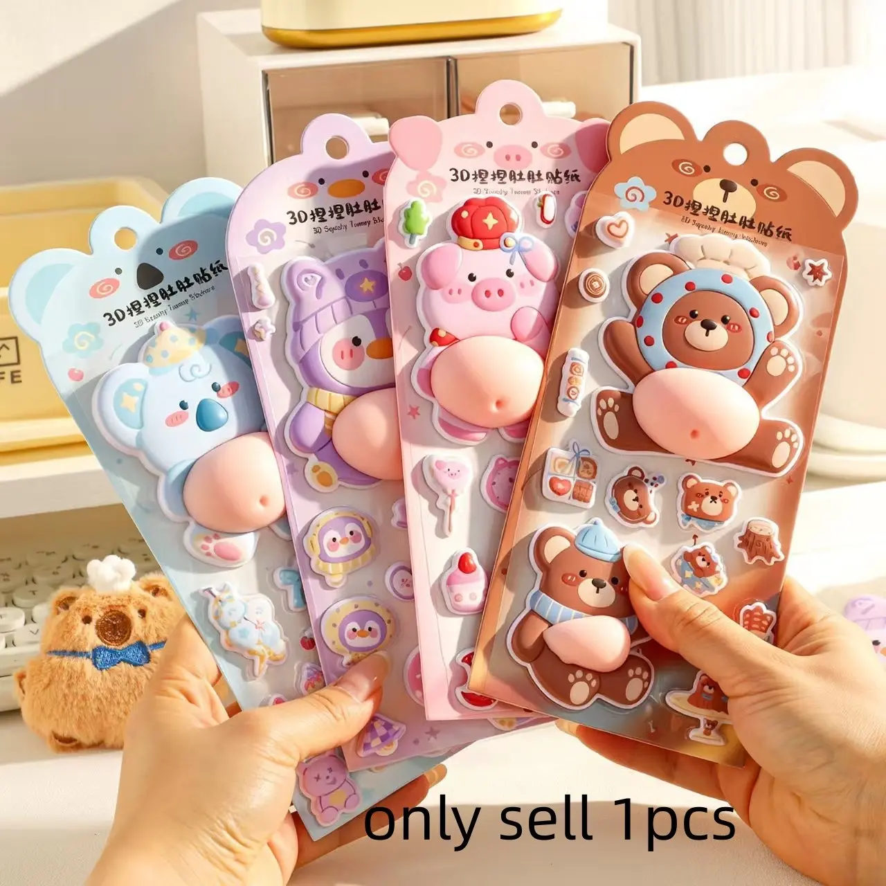 3D Press-and-Stick Belly Sticker Cartoon Animals Stress-Relief Squeeze Toys DIY Decorative Stickers Toy