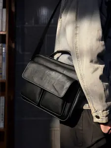 Men's PU Leather Messenger Crossbody Bag, Large Capacity Business Shoulder Bag with Top Handle & Magnetic Snap Pockets, Multi Compartment Casual Sling Bag for Work Commute Travel, Perfect Gift For Men