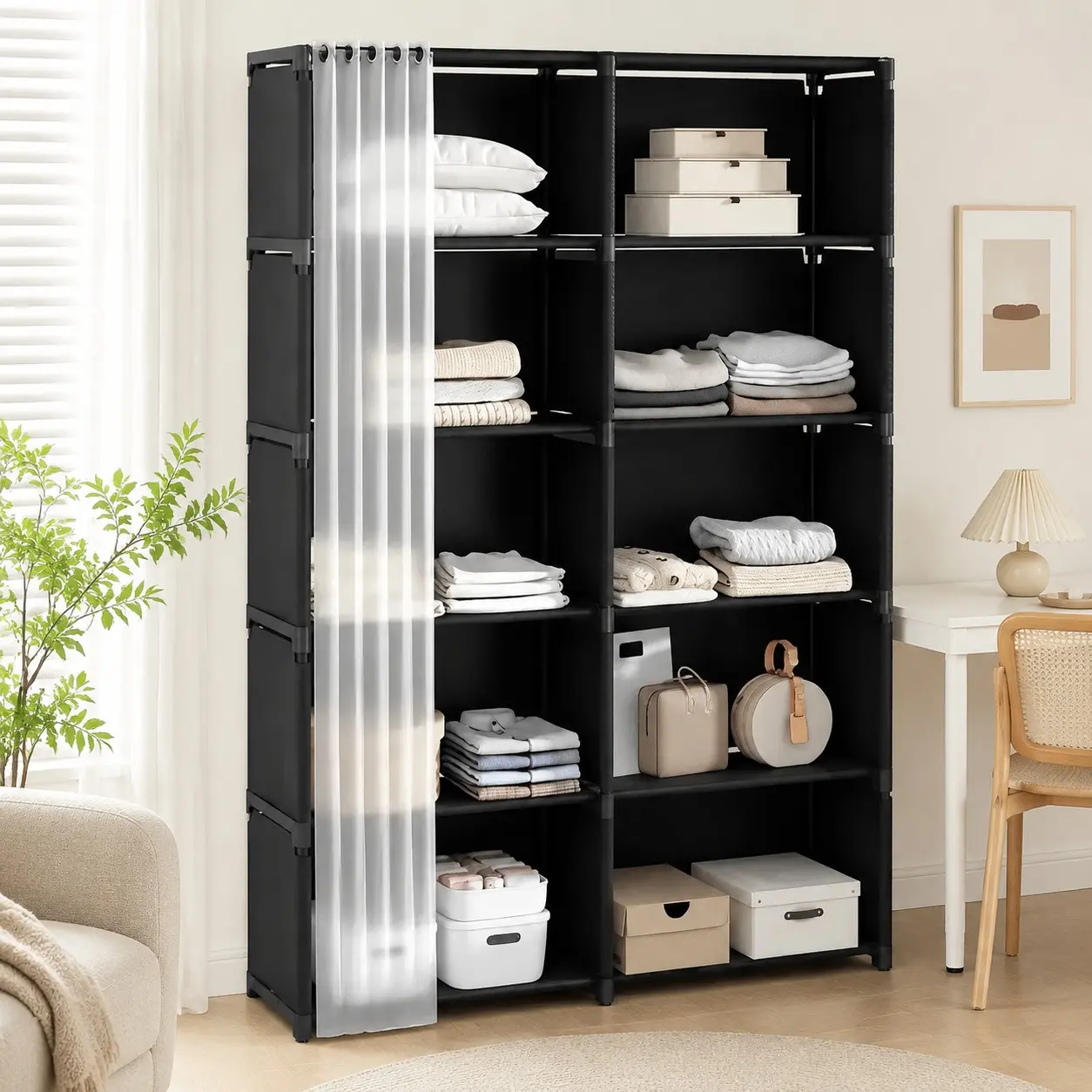 Bedroom Dual Row Clothes Storage Cabinet with Dust-Proof Curtain, Multi-Functional Organizer, /, Home Use, Shoes & Accessories