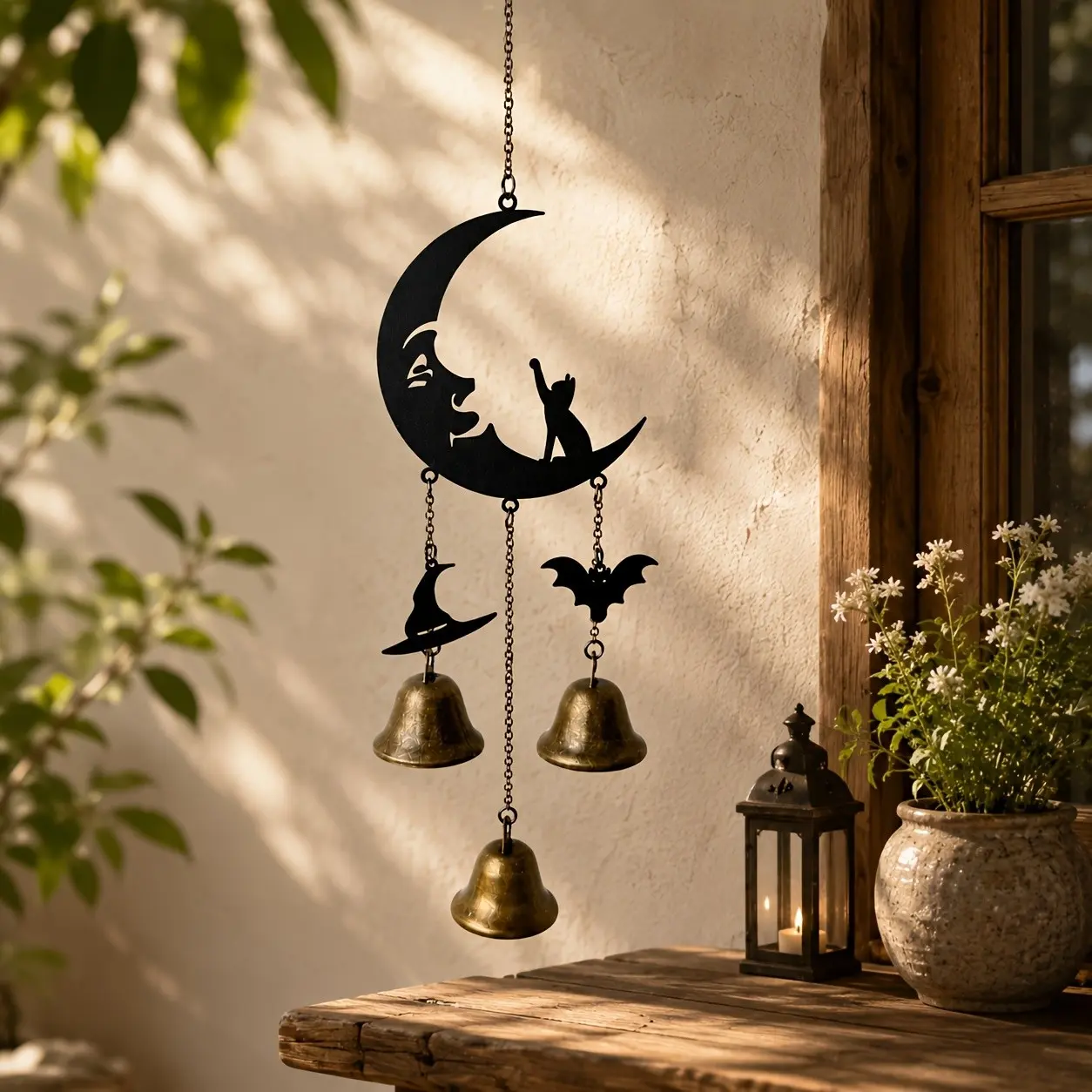 Halloween Gothic Moon Cat Wind Chime, Metal Hanging Decor, Vintage Bronze Bells, Bat & Witch Hat Silhouettes, Spooky Indoor Outdoor Decor, Iron Wind Chime