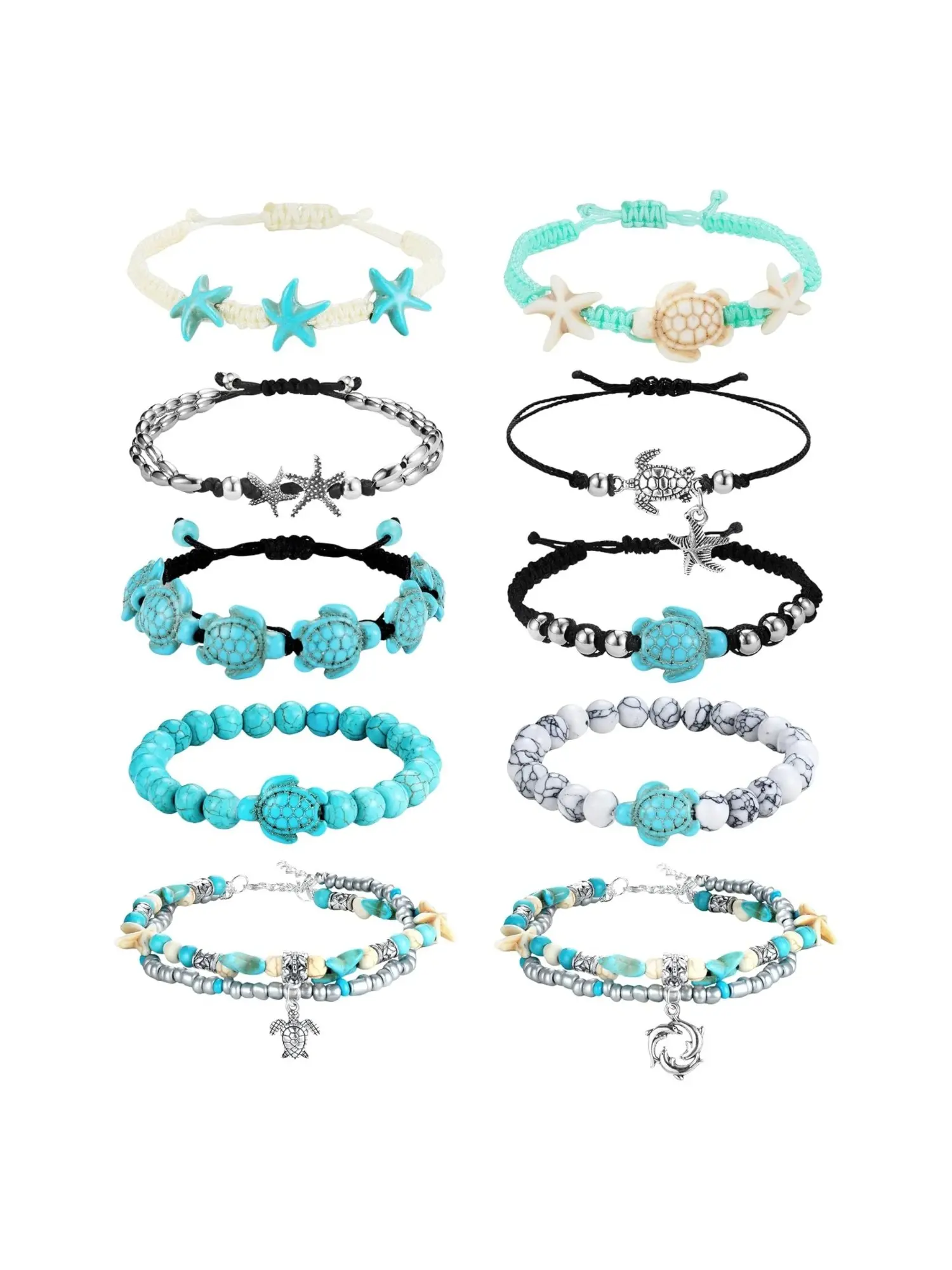 10 Pack Bohemian Ocean Ankle Bracelets, Resin Starfish Turtle Charms Anklets, Wax Rope & Beaded Adjustable Foot Jewelry, Foot Chain Beach Stackable Anklet Set for Women Men, Boho Anklet