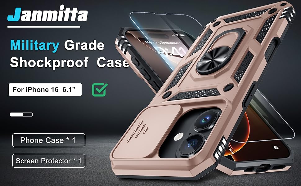 Janmitta Case for iPhone 16 Phone Cover Built in Slide Camera Lens Cover+Screen Protector,Heavy Duty Shockproof Full Body PhoneCase with Finger Ring Holder Kickstand,Rose Gold