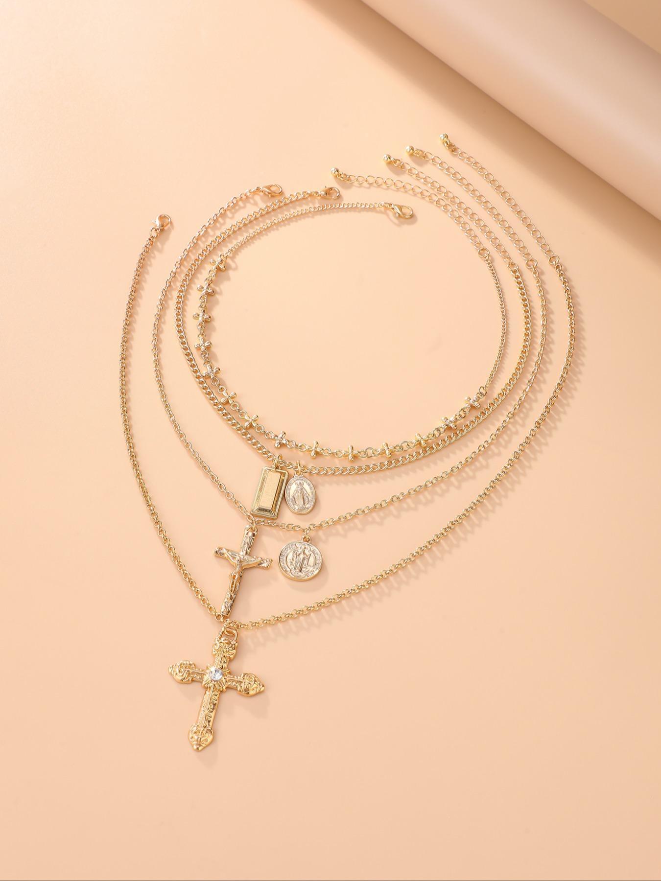 4-Piece Vintage Metal Geometric Circle Pendant Layered Necklace Set, Women's Punk Style Jesus Cross Pendant Jewelry, Unique Fashion Accessories, Jewelry Accessory