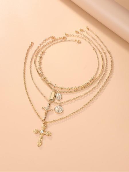 4-Piece Vintage Metal Geometric Circle Pendant Layered Necklace Set, Women's Punk Style Jesus Cross Pendant Jewelry, Unique Fashion Accessories
