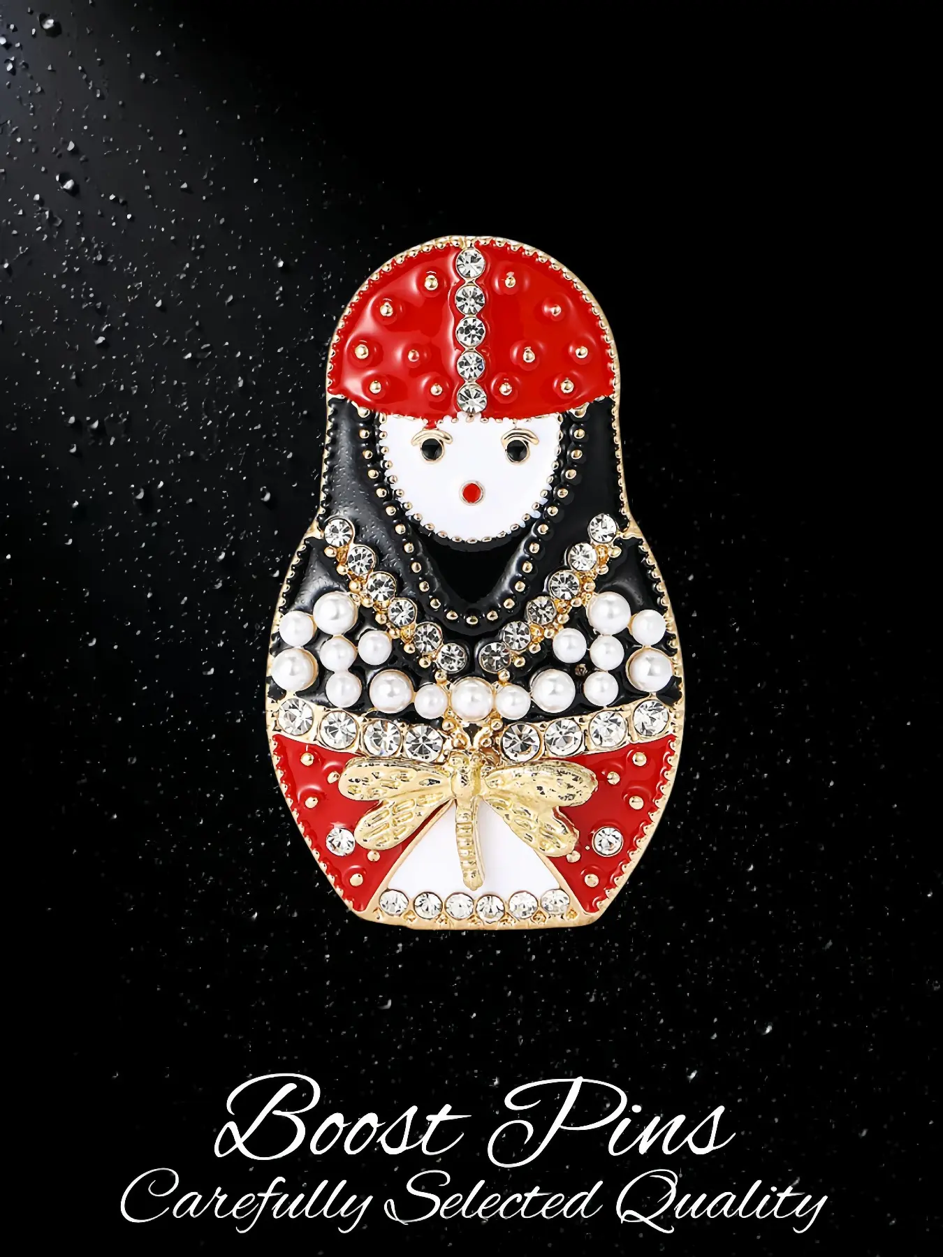 Gold Enamel Russian Matryoshka Doll Brooch Inlaid Pearl Clear Rhinestone Dragonfly Decor Retro Ethnic Corsage Pin Fashion Clothing Jewelry For Women Suit Coat Scarf Holiday Party Birthday Gift