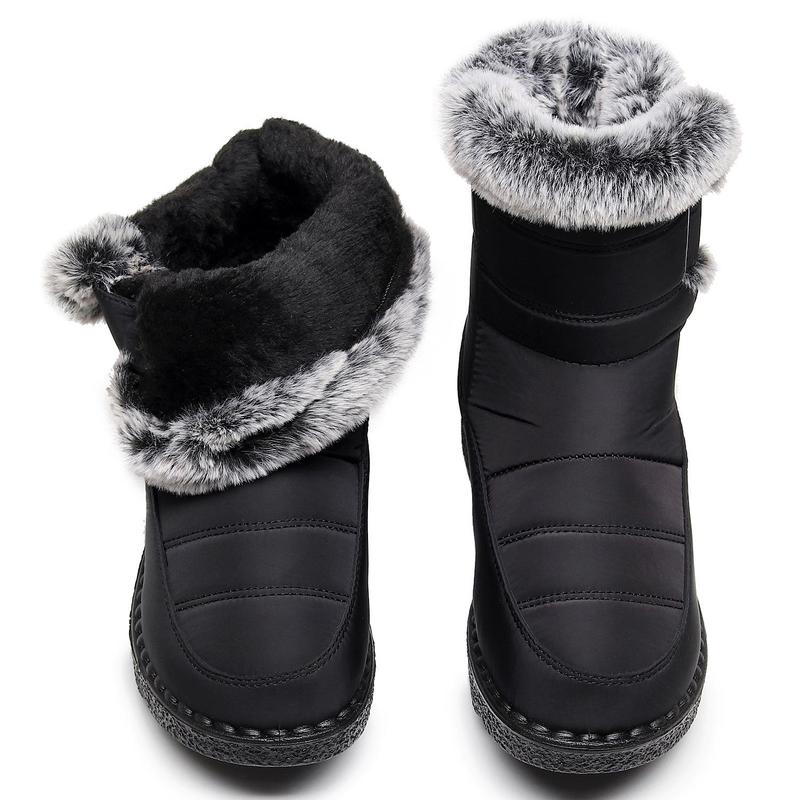 Winter Snow Boots for Women Fur Lined Warm Waterproof Slip On Booties with Breathable Fur Lining Slip Resistant Sole Black Oxford Cloth Upper Velcro Closure Outdoor Booties for Camping Walking