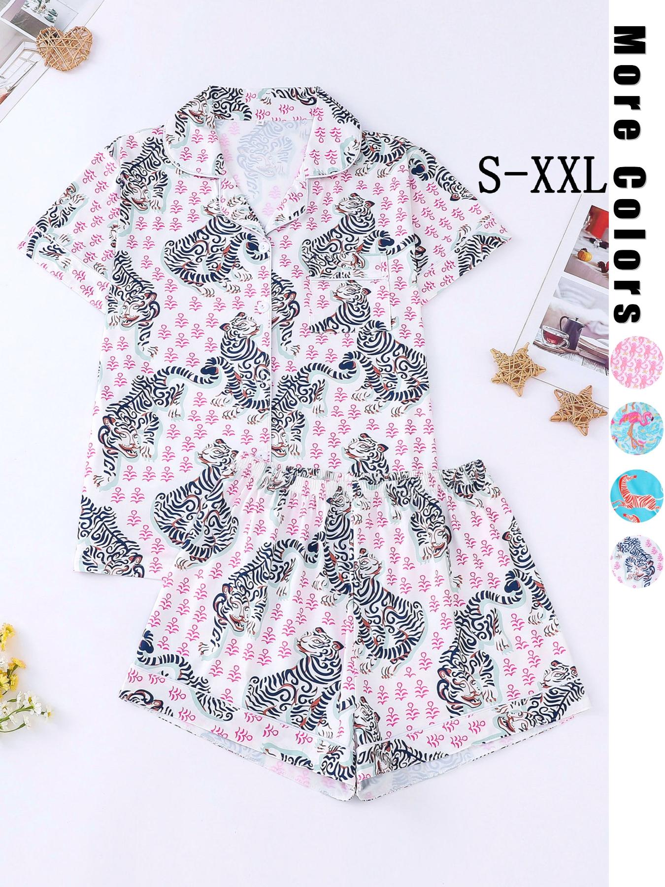Women's Monkey Print Lapel Neck Button Front Shirt & Elastic Waist Shorts Pyjama Set, Casual Comfy Short Sleeve Pocket Top & Shorts PJ Set, Ladies Sleepwear Loungewear for All Seasons