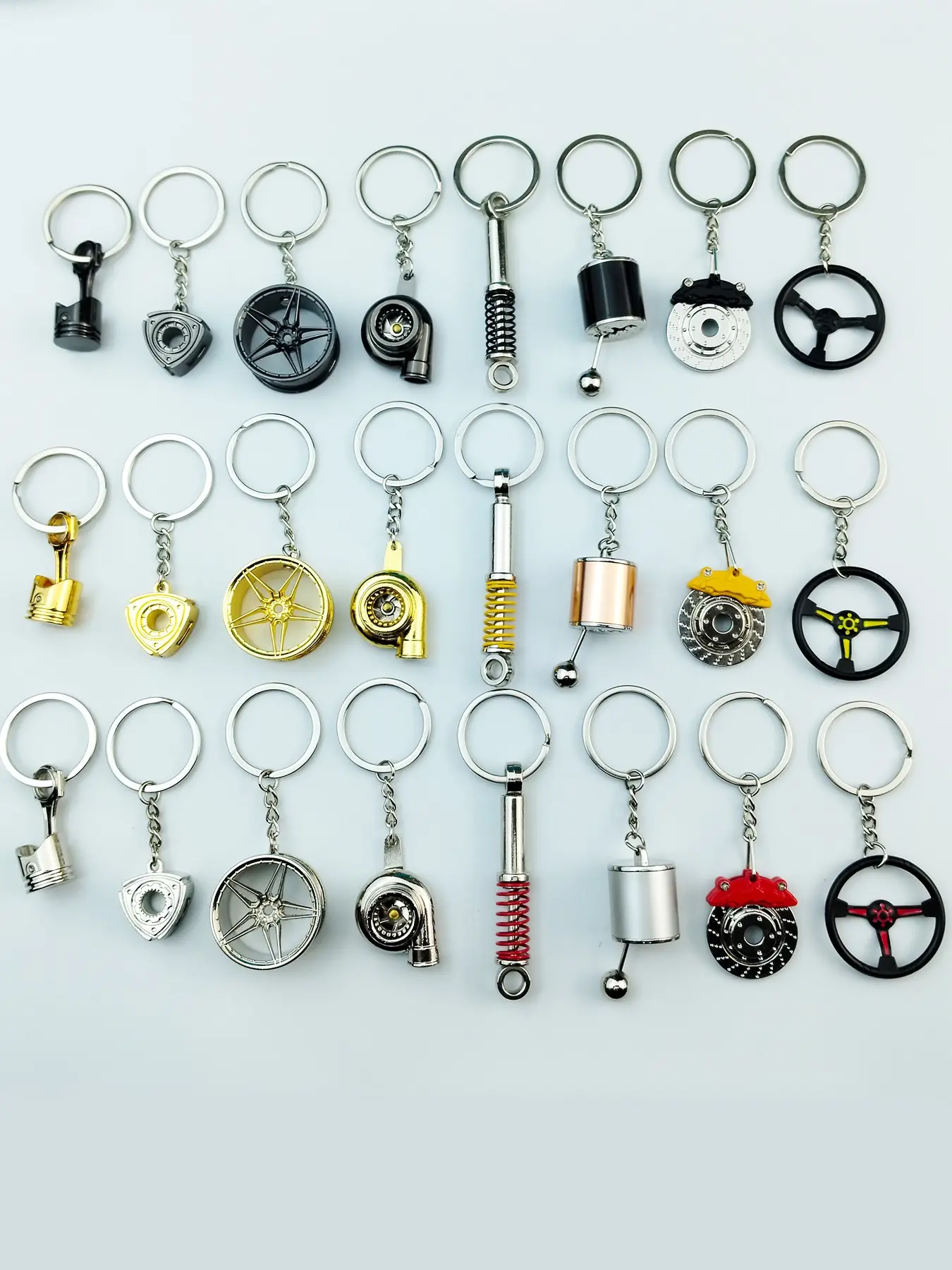 8pcs Creative Car Modification Keychains, Piston, Brake Disc, Gear Shift, Wheel HUB, Turbo, Rotor, Shock Absorber, Steering Wheel Keychains