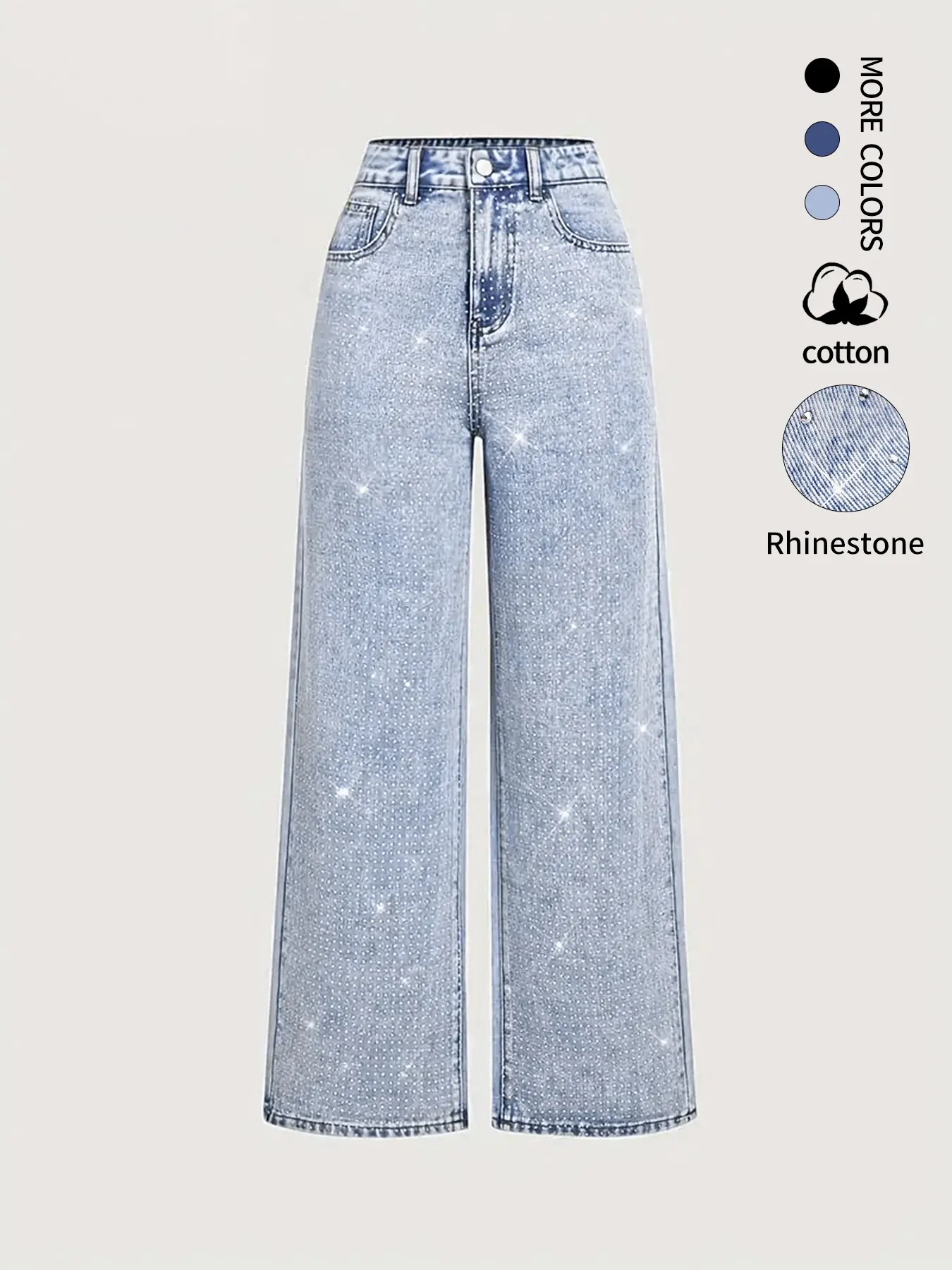 Y2K Light Blue Washed Full Rhinestone Wide Leg Jeans, Trendy Millennial Bright Rhinestone Micro Flare Jeans, Casual Street Fashion High Waist Loose Jeans