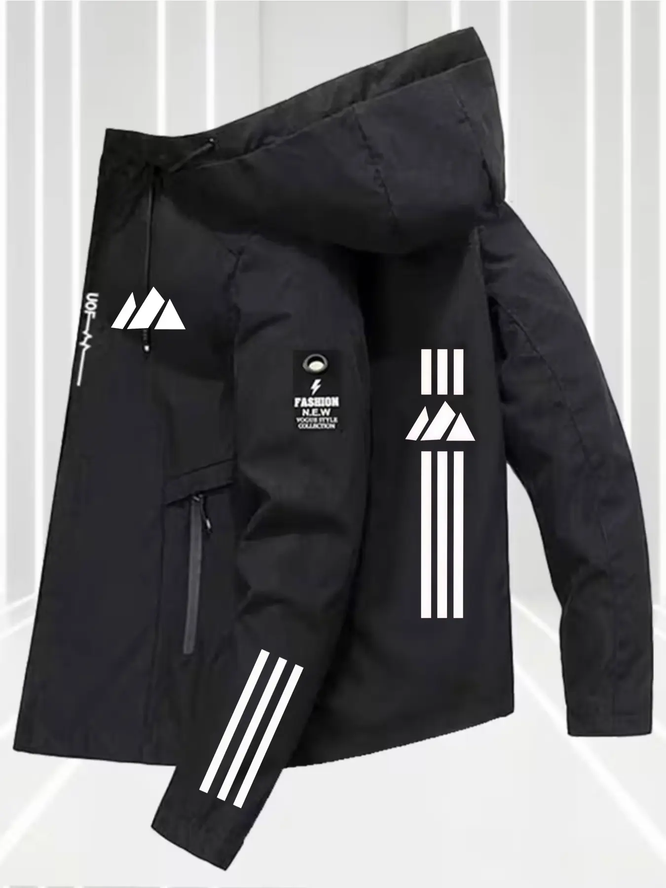 Men's Casual Print Jacket, Four Seasons Windproof Coat, High-Quality Flight Jacket, Lapel Collar, Slim Fit, Geometric Pattern