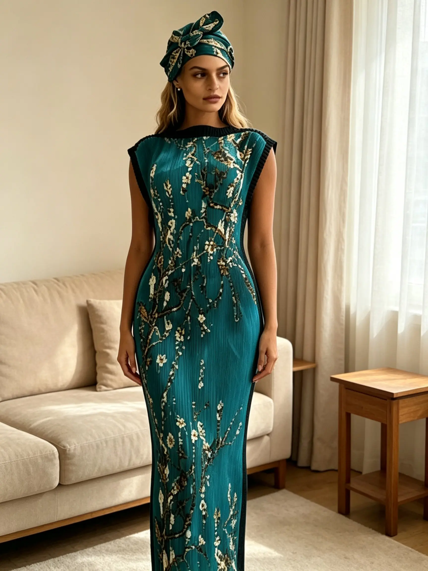 Plus Size Women's Vintage Floral Print Kofta Two-Piece Set, Flowy Sleeveless Long Dress with Matching Scarf, Boho Style for Beach & Home