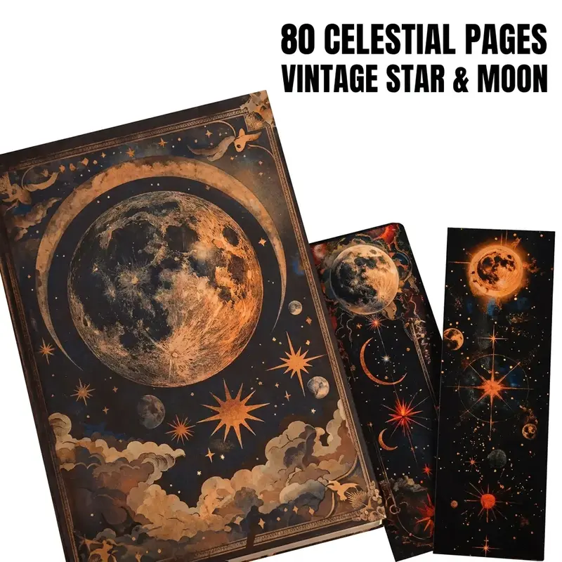 JAIIMAN 80pages A5 Vintage Material Paper Celestial Journal Notebook Kit With Two Bookmarks, Antique Stars and Moon Design for Scrapbooking, Diary, Planner Decor, Junk Journal, Crafts, Journaling Supplies