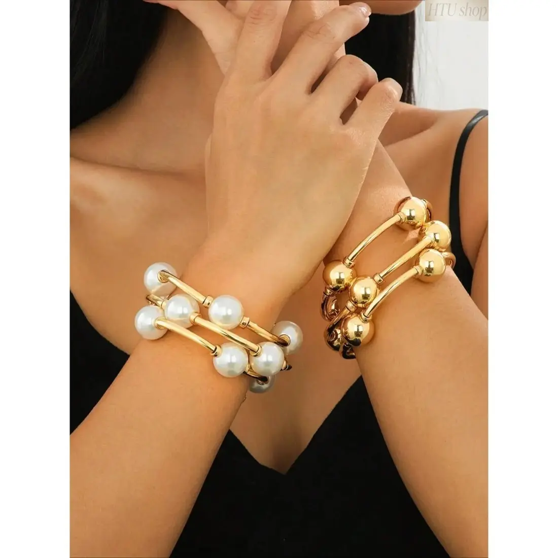 3-Piece Chunky Stackable Bracelet Set for Women, Gold Silver & Beaded Pearl Bangles, Fashion Jewelry Wrist Stack, Trendy Layered Bracelet Set with Bling Effect for Date Nights, Beach Vacations, Parties & Daily Wear